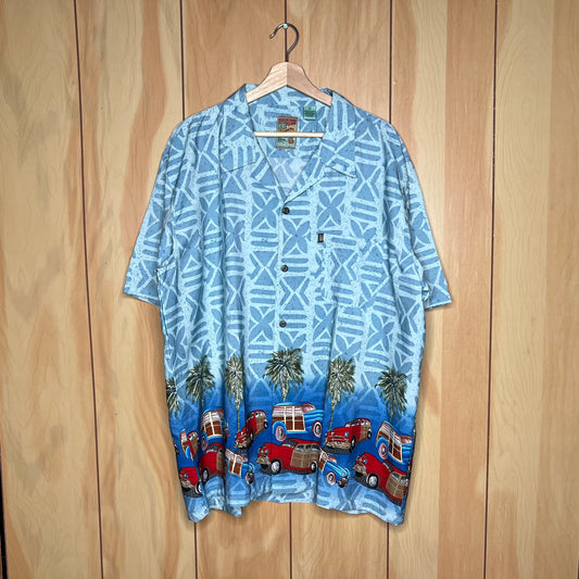 90s Old Timer Woody Car Hawaiian Style Button Up Size XL