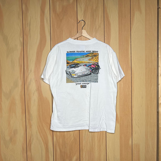 90s Xtreme Porsche 964 Motorcycle Bike Slower Traffic Keep Right Shirt Size XL